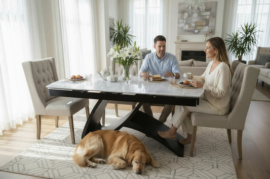 AURELIA WITH INFINITY LEGS GREY WITH 6 BALBOA WHITE CHAIRS DINING SET